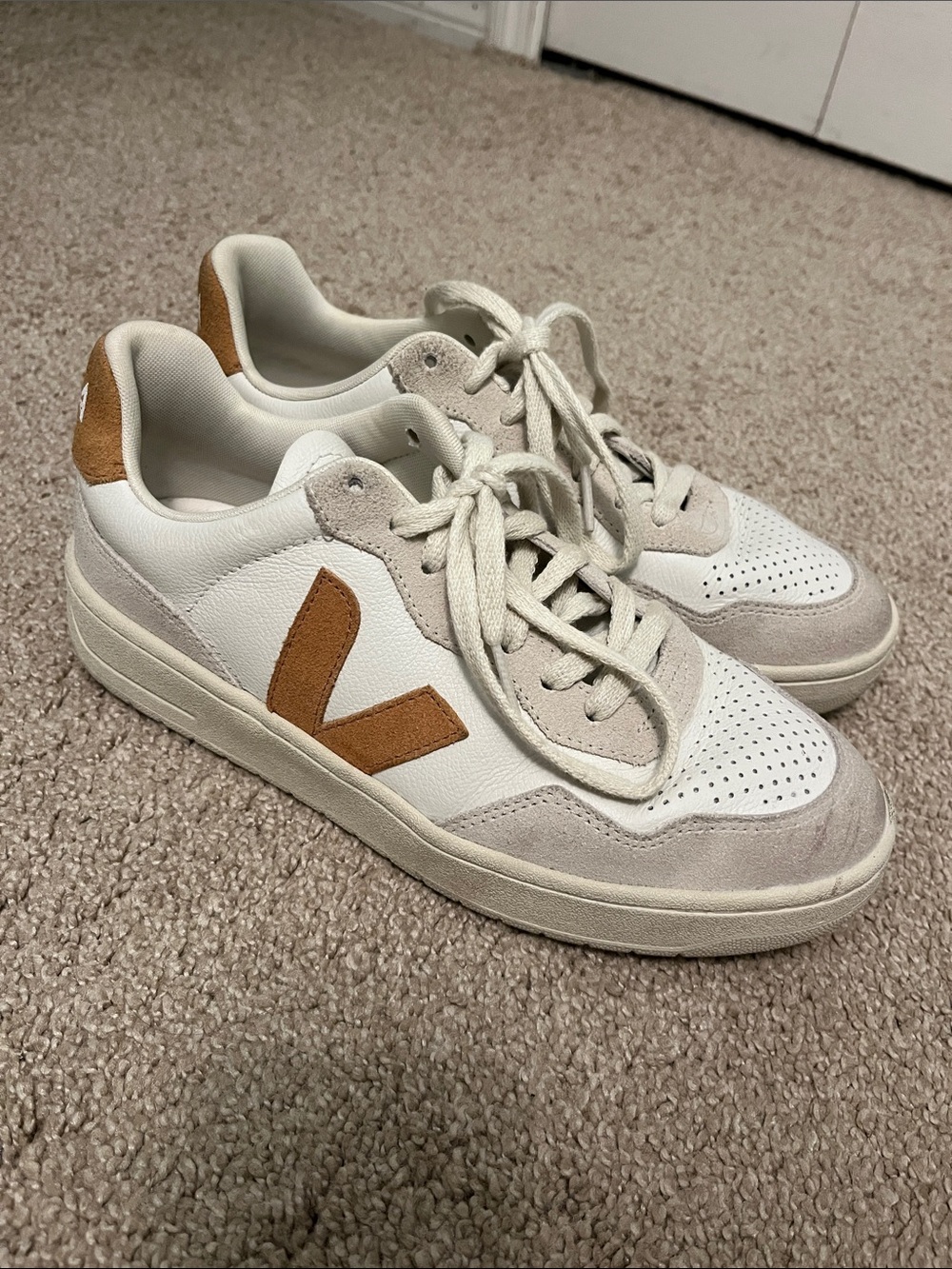 Veja White Leather Sneakers with Tan V Logo